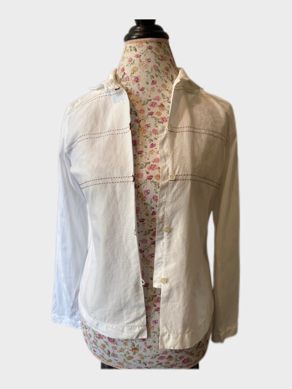 Evelyne De Clercq Italy Linen Silk Contrast Stitch Button Front Blouse Small